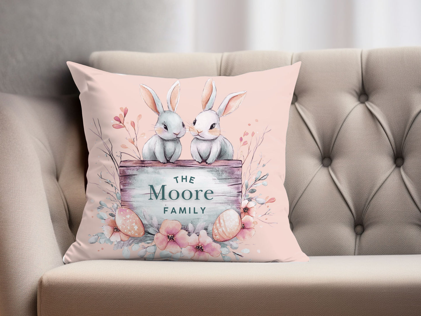 Bunnies Peach Easter Pillow Cover